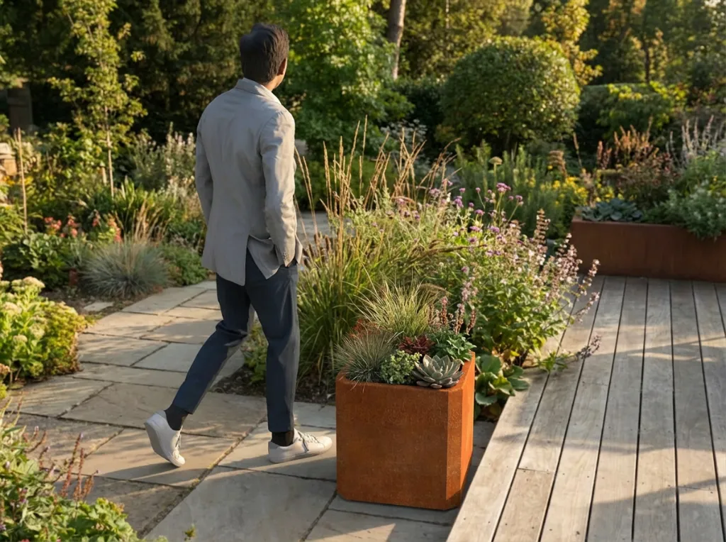 Rends la scène ultra réaliste, cest un bac à fleur acier corten de 500mmx500mm Hauteur 500mm, enlève et ajoutes en en arrière plan. casses les coins deu bac comme sur la photo donnée..webp