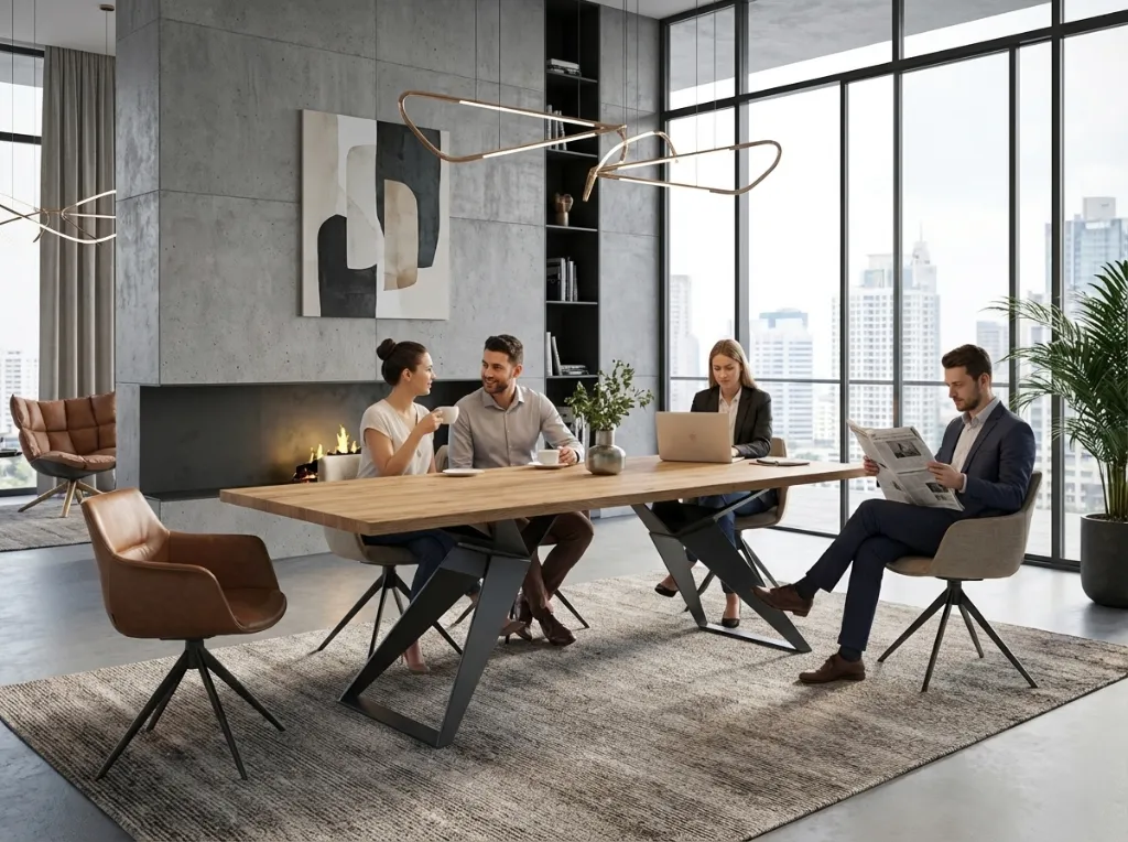 Cree une mise en scène dans un interrieur design et moderne de cette table, les pieds sont en acier et le plateau en chêne, ajouter des personnes dans cette scène (1).webp