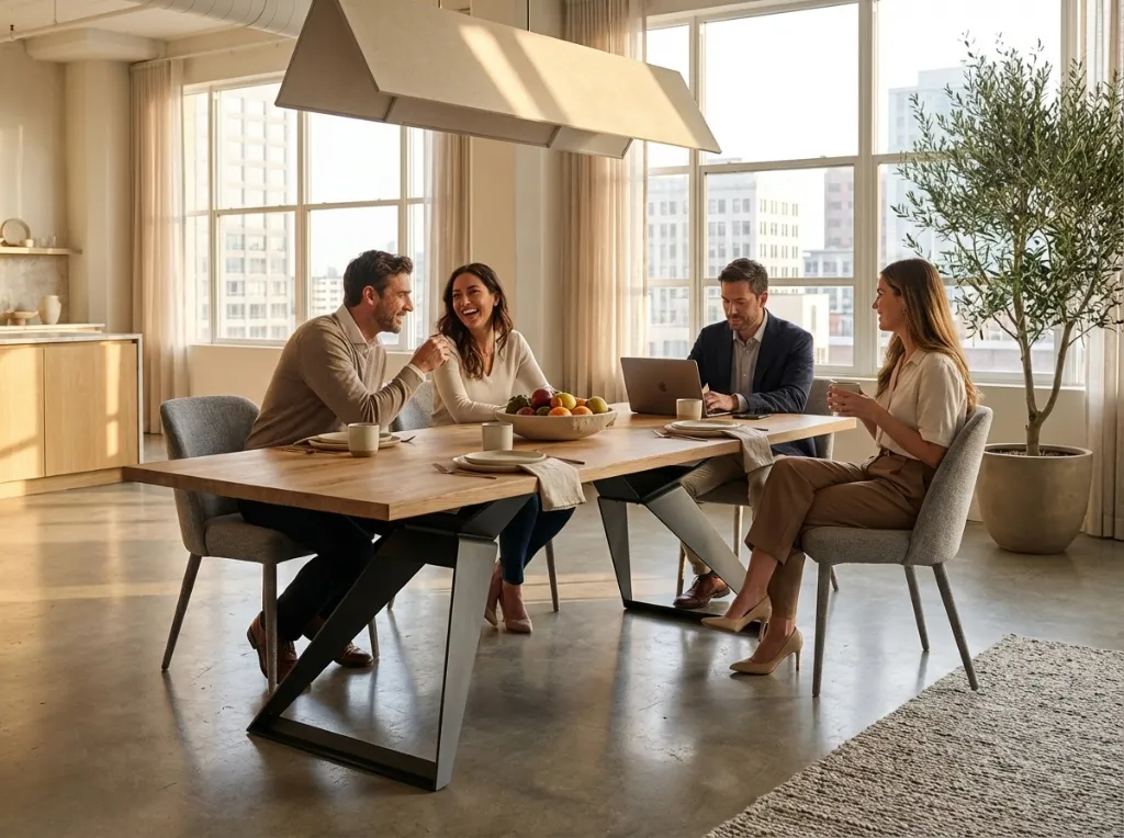 Cree une mise en scène dans un interrieur design et moderne de cette table, les pieds sont en acier et le plateau en chêne, ajouter des personnes dans cette scène (2).webp