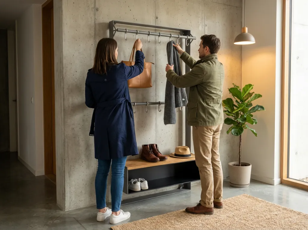 Crees une scène realiste de ce porte manteau dans un hall d'entrée moderne avec de vraies personnes. change les couleurs des vetements et leur dispositions.webp