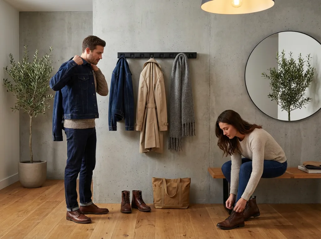 Crées une scène réaliste de ce porte manteau dans un hall d'entrée moderne avec de vraies personnes. change les couleurs des vêtements et leur dispositions. le porte manteau est adossé à un mur  (1).webp