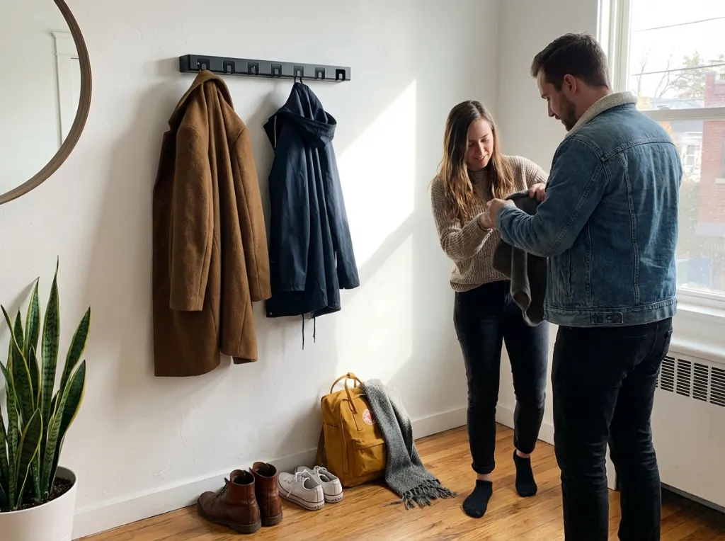 Crées une scène réaliste de ce porte manteau dans un hall d'entrée moderne avec de vraies personnes. change les couleurs des vêtements et leur dispositions. le porte manteau est adossé à un mur . respecte la géomét.webp