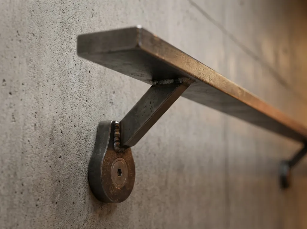 Rends le promotion de cette 3d ultra réaliste avec une scène réelle et une focale maitrisée. C'est juste un support de main courante en acier. en horizontale, Pas de décalage entre le support et le mur et la ma (1).webp